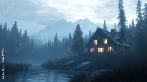 serene cabin stands by misty river, surrounded by tall pine trees and majestic mountains. warm glow from windows contrasts with cool, foggy atmosphere, creating peaceful and inviting scene