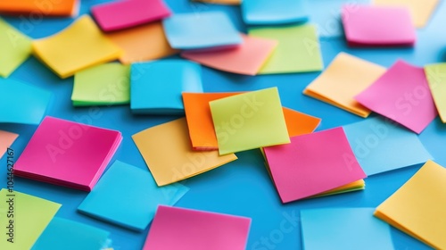 Vibrant sticky notes on a light backdrop providing ample space for writing Ideal for business strategies office organization or creative brainstorming ideas