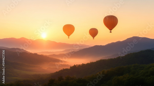 Breathtaking hot air balloons float gracefully over serene mountains at sunrise, creating picturesque scene filled with tranquility and adventure