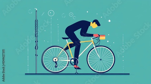 A cyclist in a sleek position, gripping handlebars, vibrant illustration on teal background.
