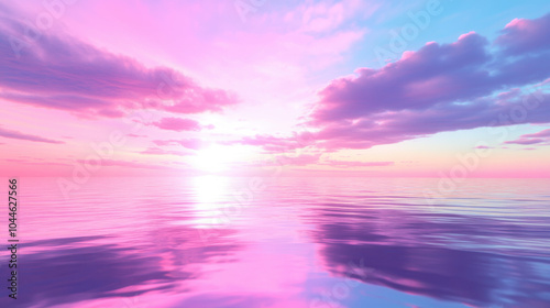 serene sunset over calm waters creates breathtaking view, with soft pink and purple hues reflecting on surface. tranquil atmosphere evokes sense of peace and wonder