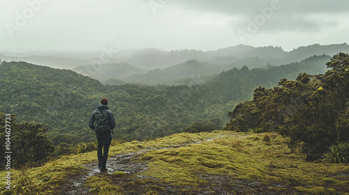 Exploring the tranquil trails on National Hiking Day in a lush, misty landscape