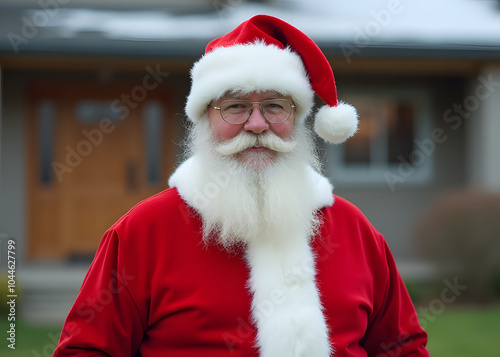 Man stands in front of house dressed as jolly old Santa with a white beard and red suit.