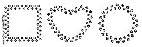 Paw print frame set. Cute pet footprint border collection. 