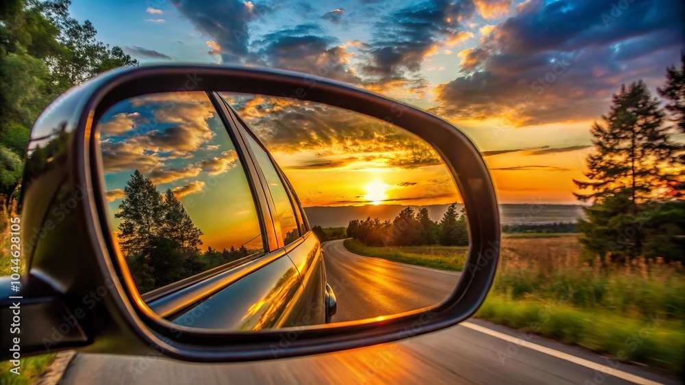 Rearview mirror reflecting sunset on open road.. Rearview mirror reflecting sunset on open road..