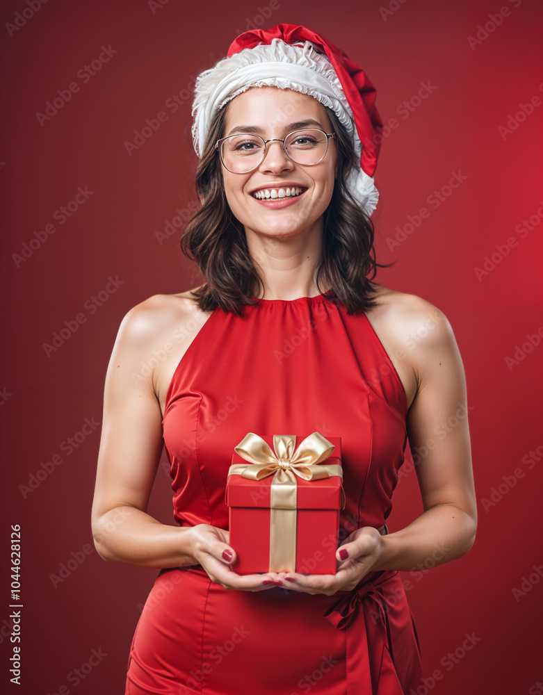 Woman with gift on red background. Woman with gift on red background.