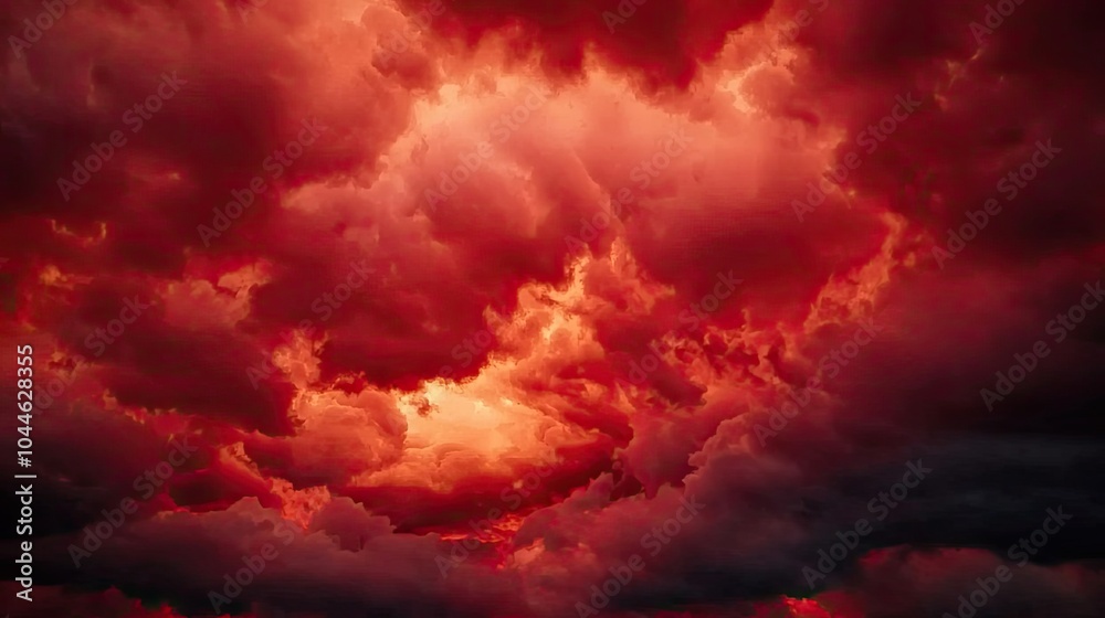 A striking sky filled with dark, swirling clouds illuminated by an intense red glow, creating a dramatic and ominous atmosphere. A striking sky filled with dark, swirling clouds illuminated by an intense red glow, creating a dramatic and ominous atmosphere.