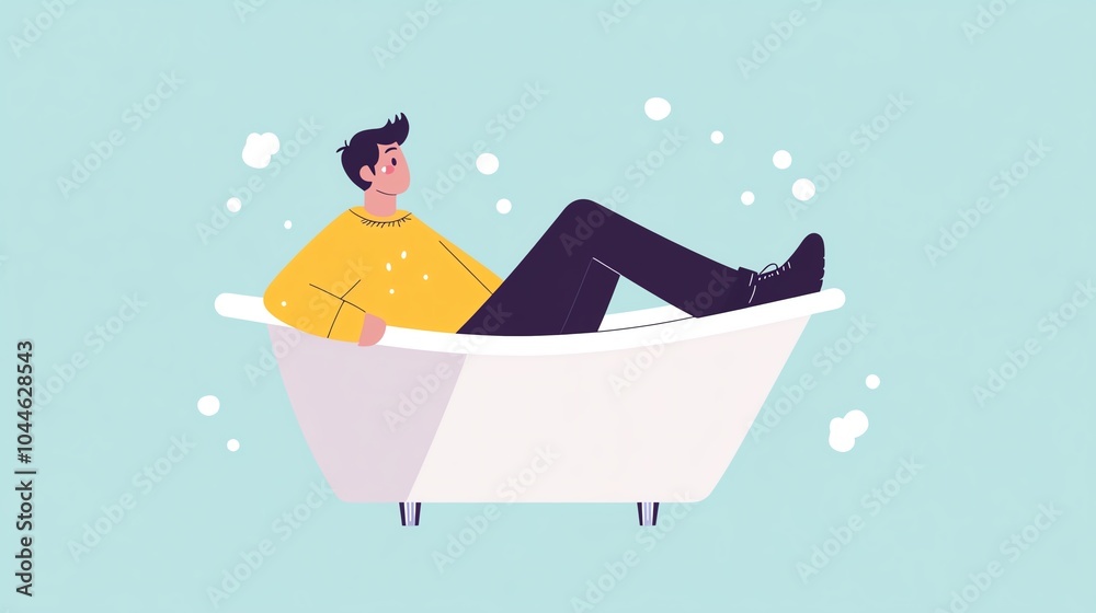 A relaxed man enjoying a bath with bubbles in a stylish bathtub against a soothing turquoise background. A relaxed man enjoying a bath with bubbles in a stylish bathtub against a soothing turquoise background.