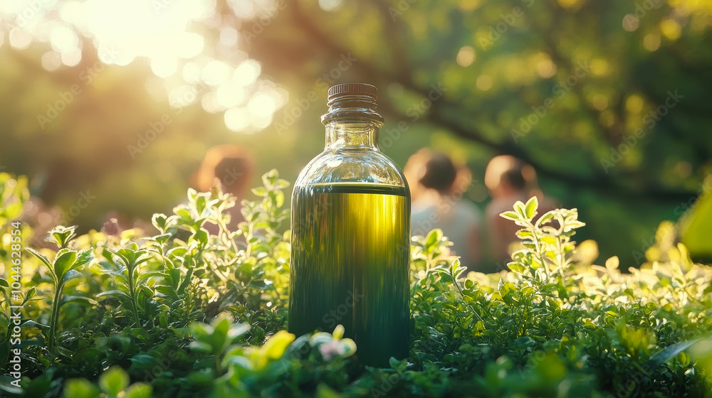 Glass Bottle with Green Elixir in Sunlit Nature Setting, Connecting with the Environment Glass Bottle with Green Elixir in Sunlit Nature Setting, Connecting with the Environment