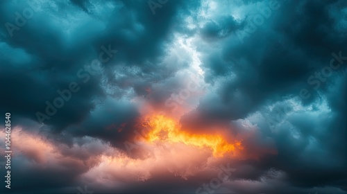 A dramatic sky featuring dark clouds illuminated by a vibrant orange glow, creating a striking contrast and a moody atmosphere.