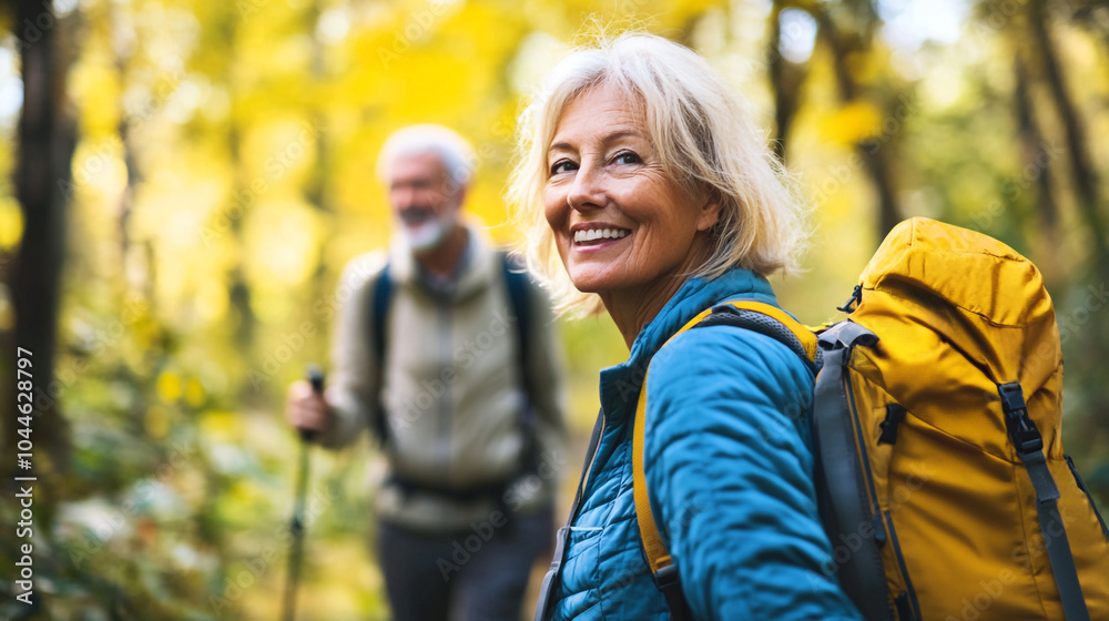 Smiling hiker enjoying National Hiking Day with a companion in a vibrant autumn forest Smiling hiker enjoying National Hiking Day with a companion in a vibrant autumn forest