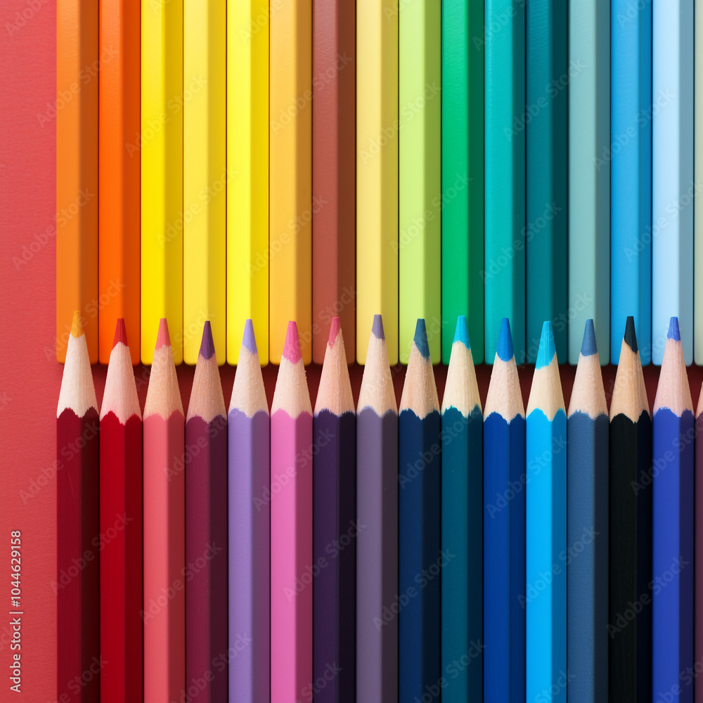 Flat lay rainbow sharpened pencils