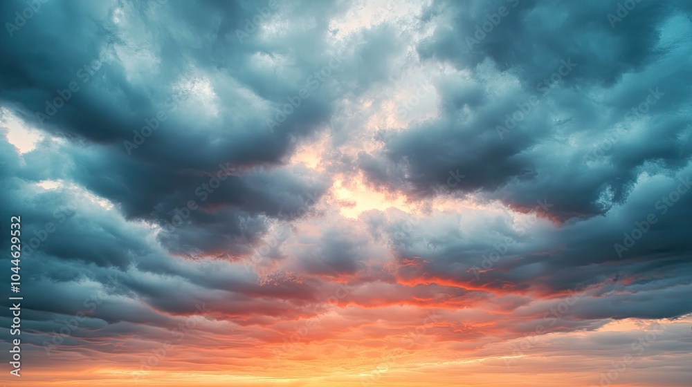 Fototapeta premium A dramatic sky filled with dynamic clouds displays hues of orange and blue during sunset.