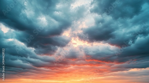A dramatic sky filled with dynamic clouds displays hues of orange and blue during sunset.