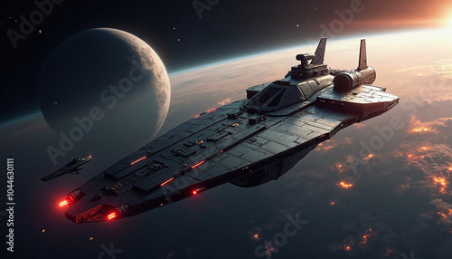 Wallpaper Mural A large futuristic spaceship with red lights and engines, floating in space against a backdrop of a planet and stars Torontodigital.ca