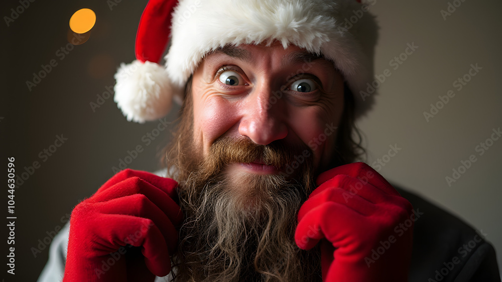 Man in hat and gloves makes funny face during holiday season. Man in hat and gloves makes funny face during holiday season.