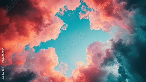 A vibrant sky filled with swirling clouds in shades of pink and turquoise, creating a stunning natural canvas.