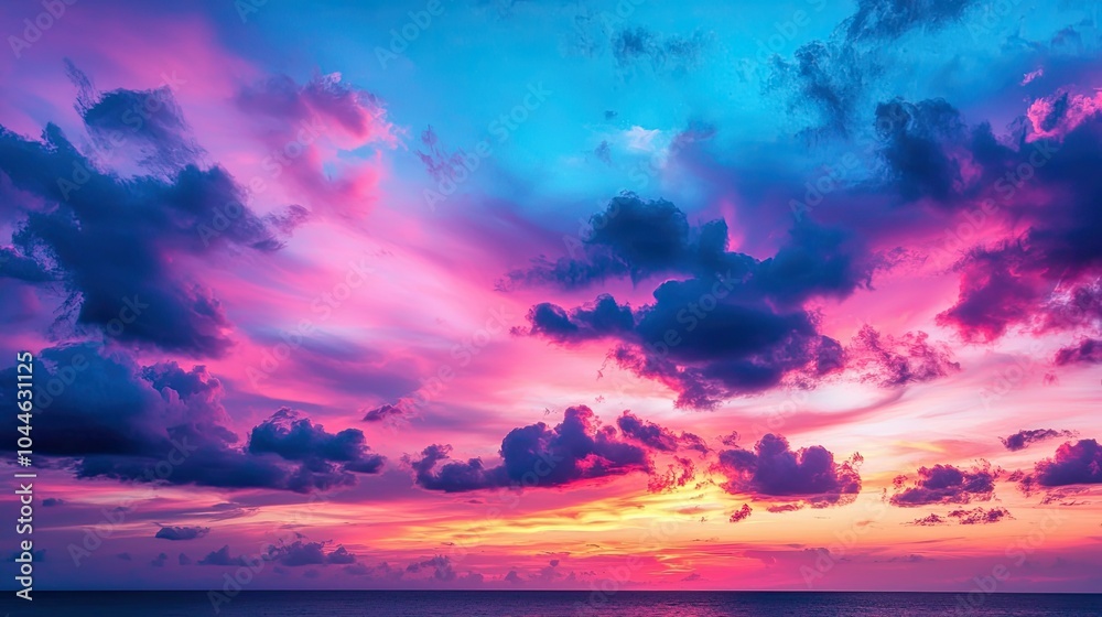 Obraz premium A vibrant sunset paints the sky with shades of pink, purple, and blue, reflecting beautifully over a calm ocean horizon.