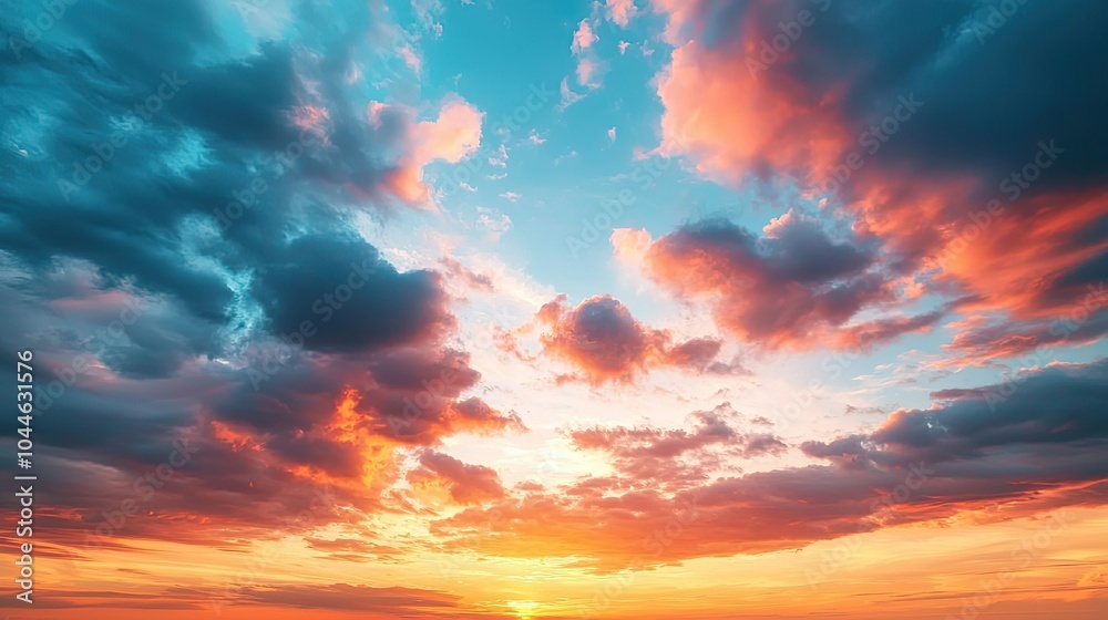 A vibrant sunset illuminating the clouds with shades of orange and blue, creating a serene coastal atmosphere. A vibrant sunset illuminating the clouds with shades of orange and blue, creating a serene coastal atmosphere.