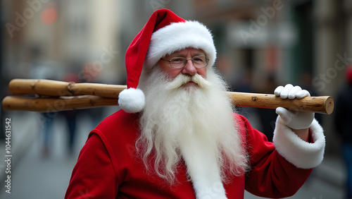 Man dressed as Santa carries large wooden walking staff in festive holiday attire.