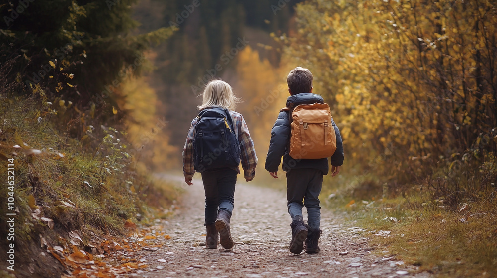 Children hiking on a scenic trail during National Hiking Day in autumn's vibrant colors Children hiking on a scenic trail during National Hiking Day in autumn's vibrant colors