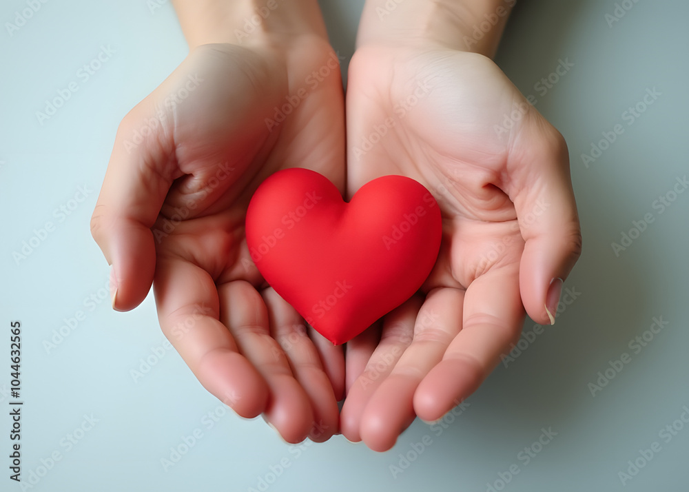 Human hands hold a heart shape with empty space surrounding it on a surface. Human hands hold a heart shape with empty space surrounding it on a surface.