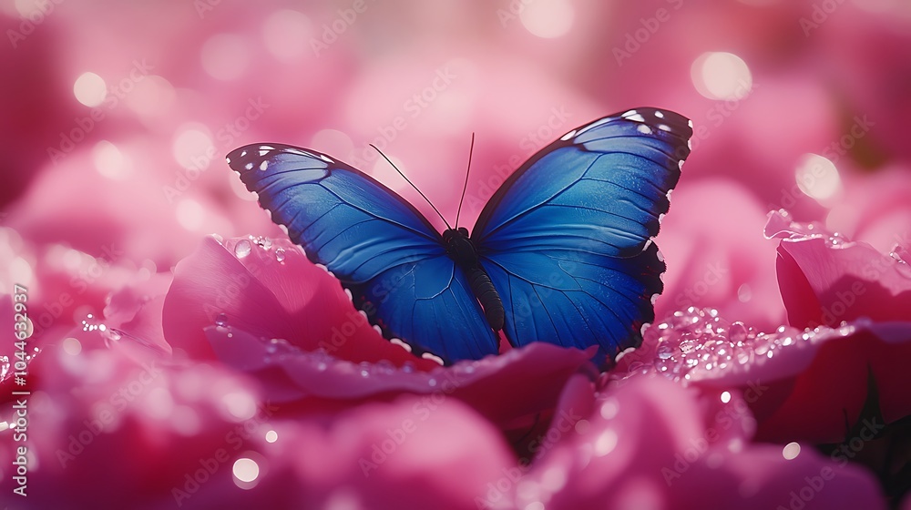 Close-Up of a Blue Morpho Butterfly on Pink Petals