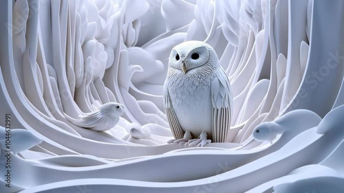 A white owl stands in a stylized, white forest, surrounded by birds and fish