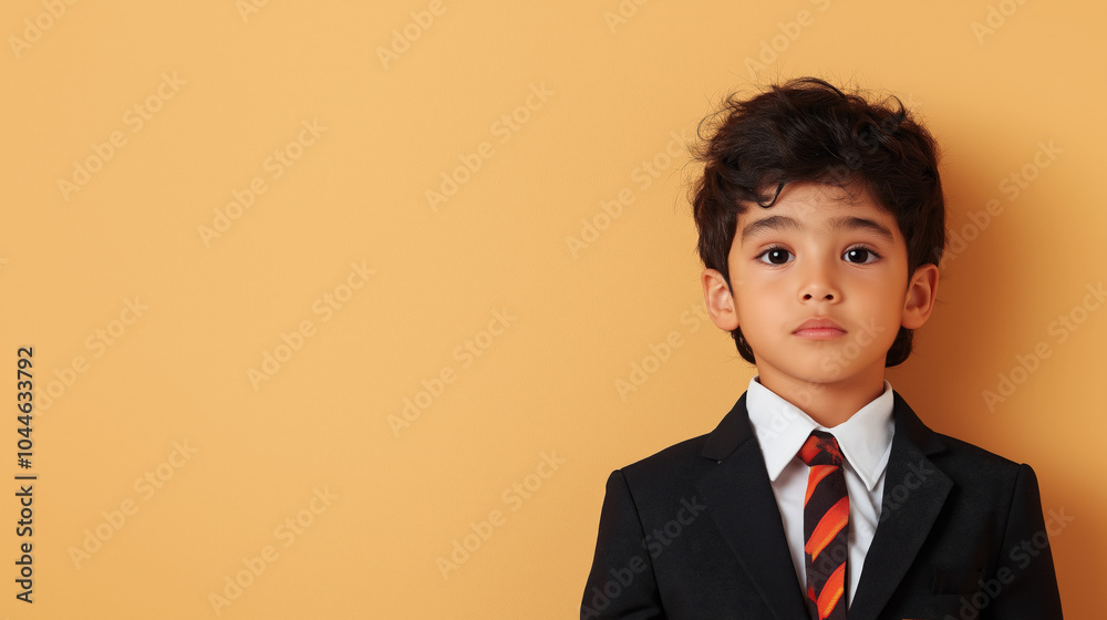 Cute little indian Asian school boy wearing uniform standing against beige background Cute little indian Asian school boy wearing uniform standing against beige background