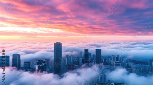 A stunning skyline emerges from colorful clouds at sunset, showcasing a vibrant cityscape beneath a dramatic sky.