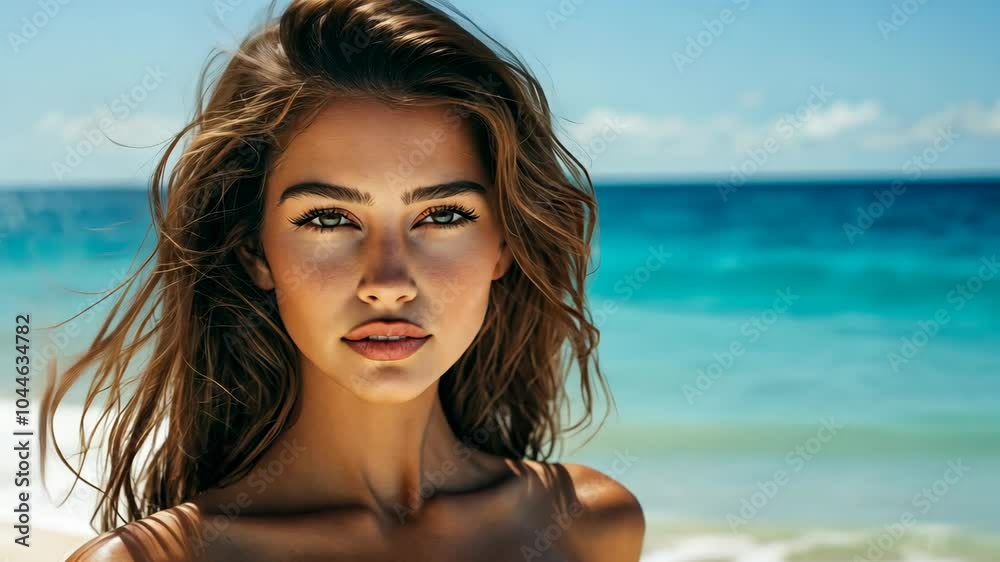 A woman with long, brown hair looks directly at the camera on a sunny beach A woman with long, brown hair looks directly at the camera on a sunny beach