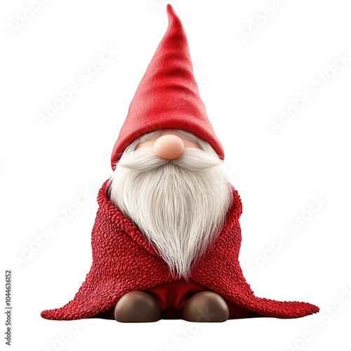 A whimsical gnome with a red hat and cozy blanket, perfect for holiday decorations or storytelling themes.