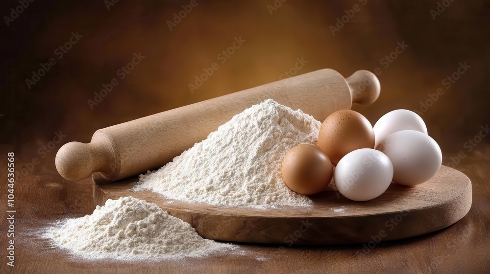 Baking essentials flour and eggs ready for delicious recipes and culinary creations Baking essentials flour and eggs ready for delicious recipes and culinary creations