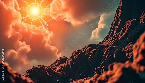 Mountain Storm,  A Dramatic Mountain Landscape with Lightning Striking During a Sunset