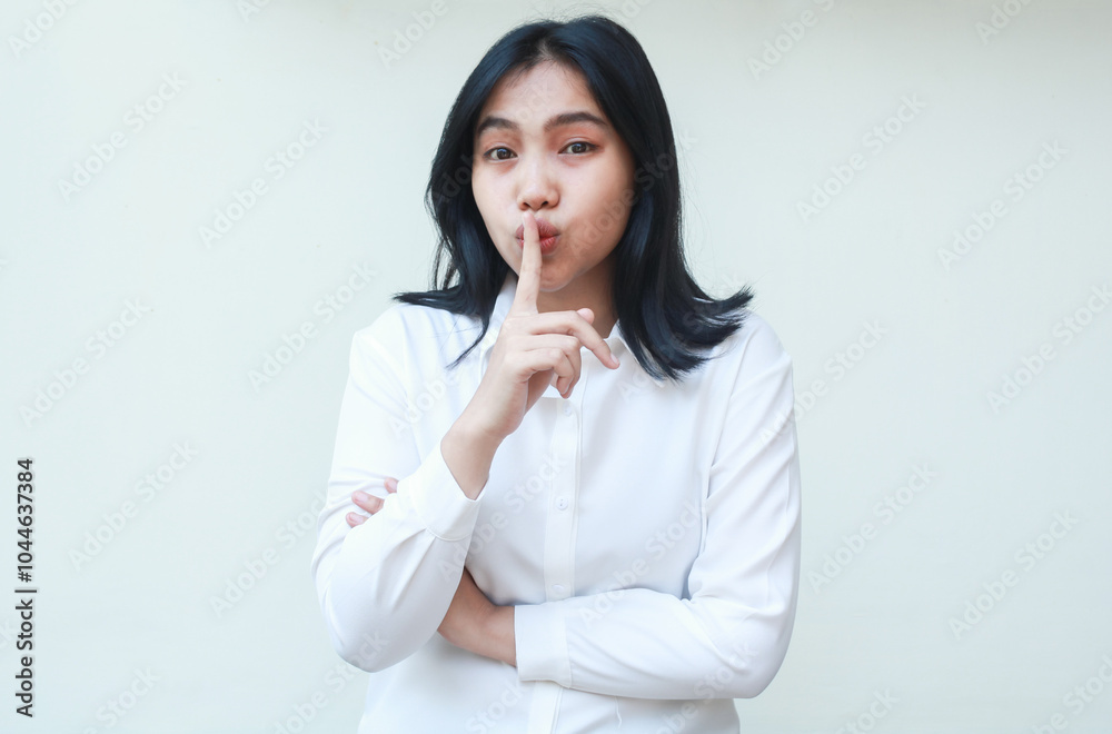happy calm beauty young asian business woman manager looking at camera with forefinger on lips mouth show silent gesture wearing white formal suit shirt, stop noise please