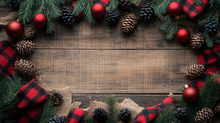 Christmas corner border wooden background with red and black fabric
