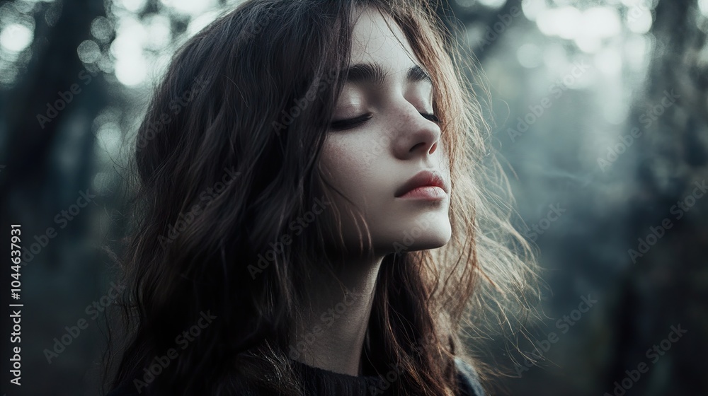 Woman with Eyes Closed in a Forest Woman with Eyes Closed in a Forest