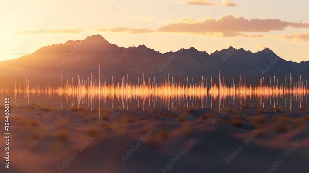 Obraz premium Sound waves radiating across a serene landscape, symbolizing the interconnectedness and harmony of natural and auditory elements.