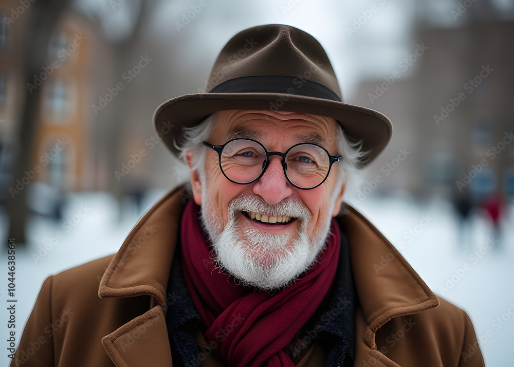 Elderly man in hat and glasses radiates warmth and comfort during winter months, symbolizing holiday joy and festive atmosphere perfectly. Elderly man in hat and glasses radiates warmth and comfort during winter months, symbolizing holiday joy and festive atmosphere perfectly.
