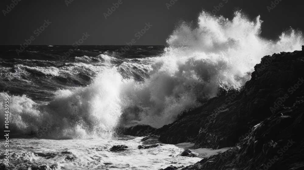 Obraz premium Dramatic High Contrast Waves Crashing on Rocky Shore