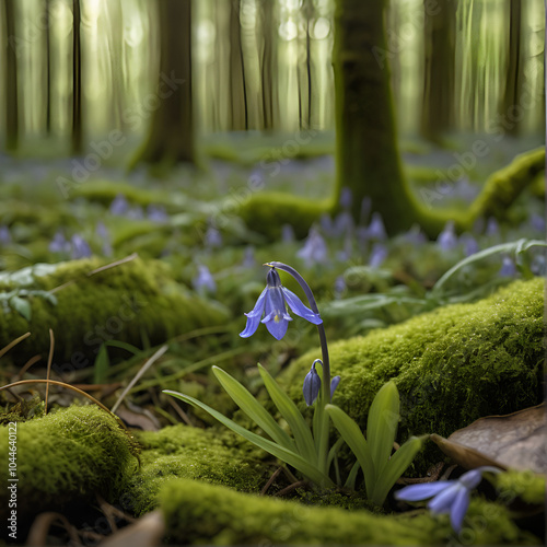 A Delicate Bluebell Flower Blooming Amidst a Mossy Forest Floor with Intricate Patterns and Soft Lighting photo