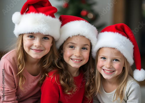 Cute kids in Christmas hats smile for the camera with festive holiday cheer on their young faces.