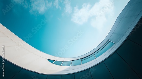 19. A worm's-eye view of a smooth, curved modern structure with a cloudless sky above, emphasizing the simplicity of the architecture