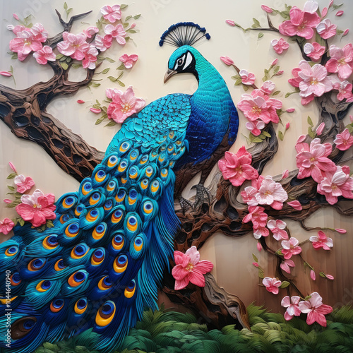 Multicolor 3D oil painting of a peacock sitting