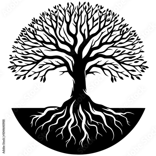 Silhouette of a lush tree taking root