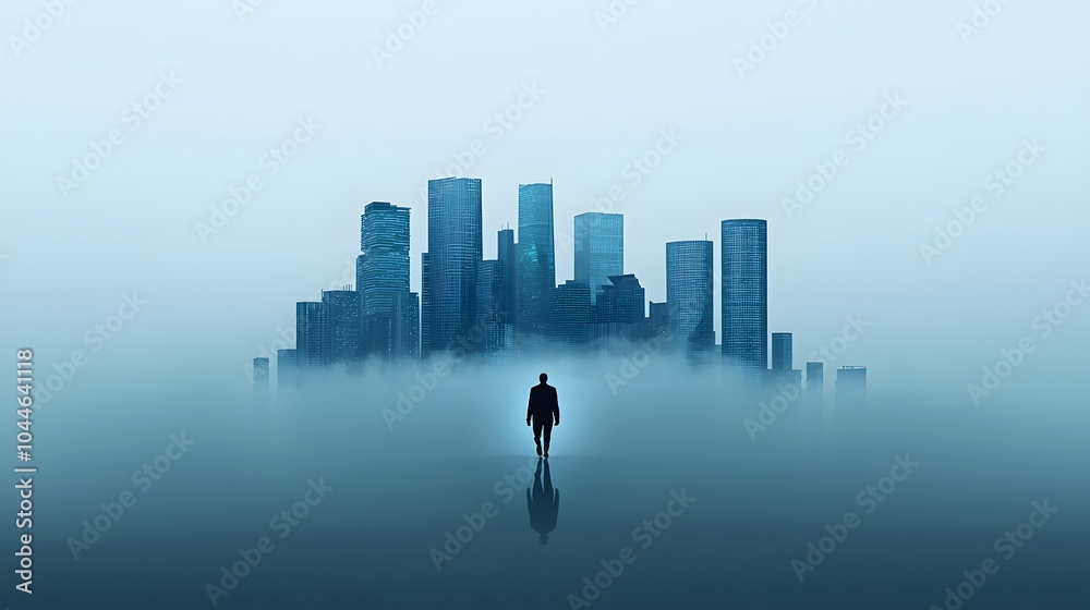 A Journey into the Unknown: Mysterious Traveler Stands Before a Futuristic City Skyline in Fog. Stronger Every Day Concept A Journey into the Unknown: Mysterious Traveler Stands Before a Futuristic City Skyline in Fog. Stronger Every Day Concept