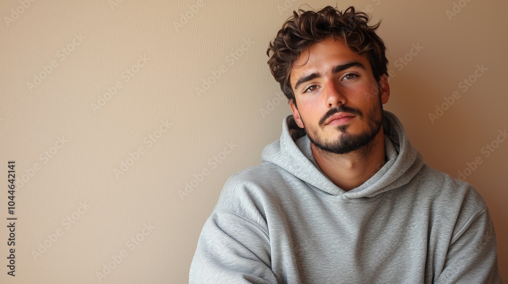 Young Man in Grey Hoodie Leaning Against Wall Young Man in Grey Hoodie Leaning Against Wall