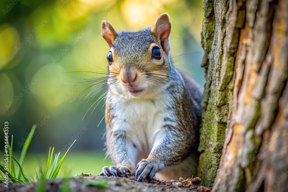 Symmetrical closeup of an Eastern Gray Squirrel at the base of a tree Symmetrical closeup of an Eastern Gray Squirrel at the base of a tree