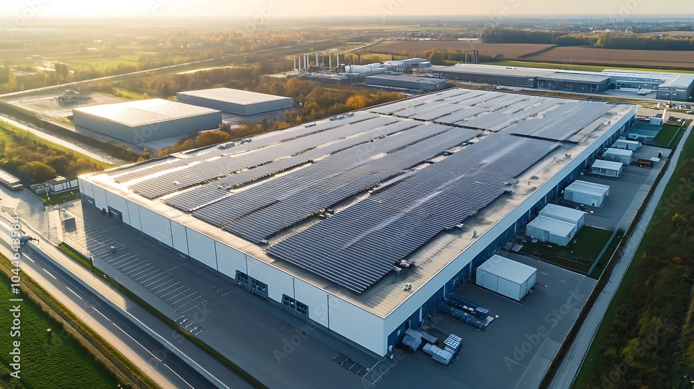 Aerial view of a modern high technology renewable solar energy facility buildings, environmental green energy ecological concept landscape Aerial view of a modern high technology renewable solar energy facility buildings, environmental green energy ecological concept landscape