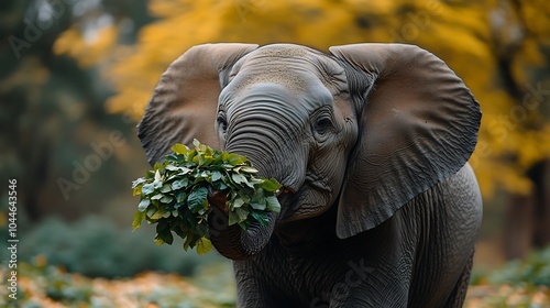 Elephant Pausing to Eat Lush Green Leaves